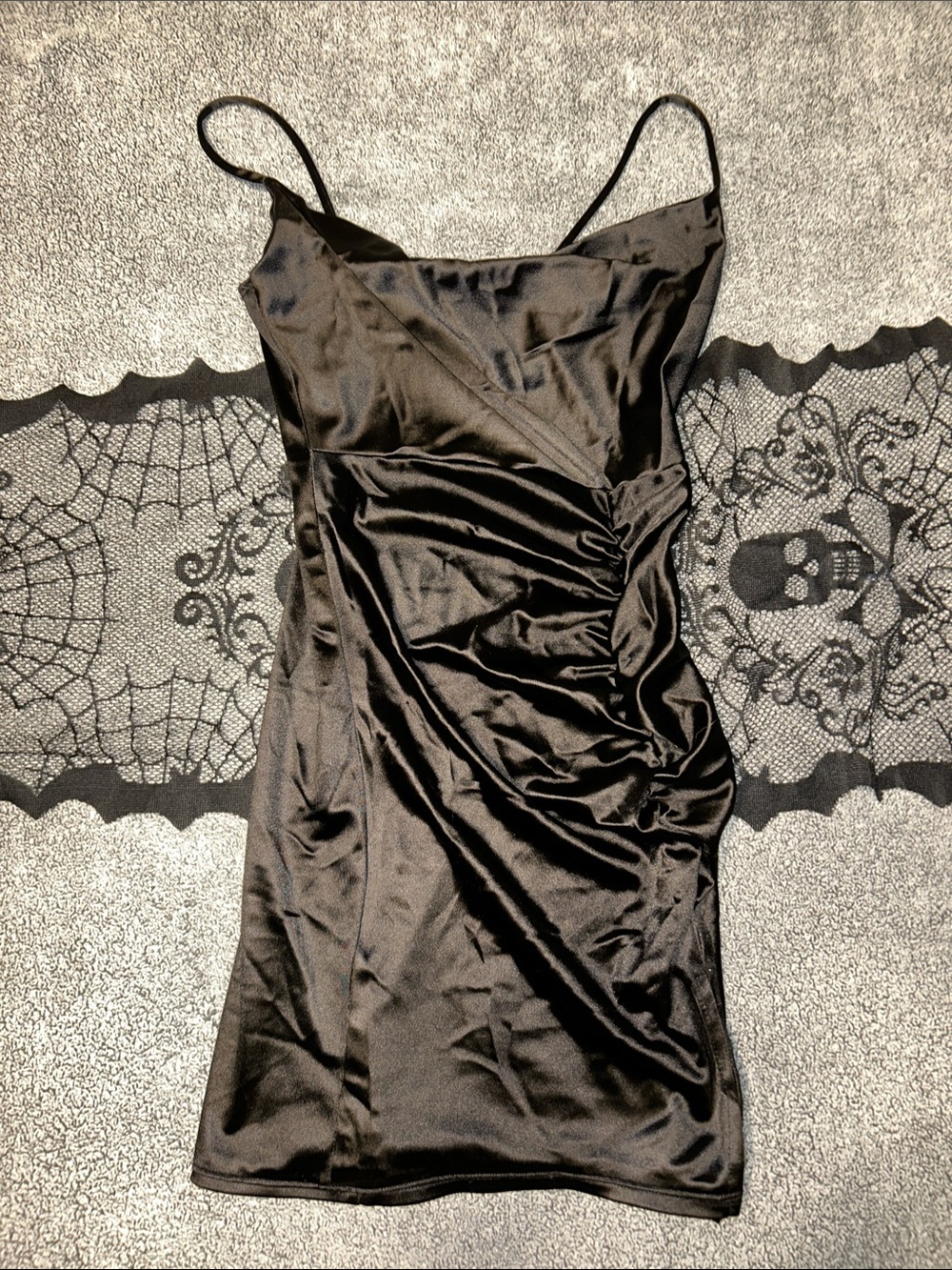 Sleek Black Satin Mini Slip Dress with Spaghetti Straps